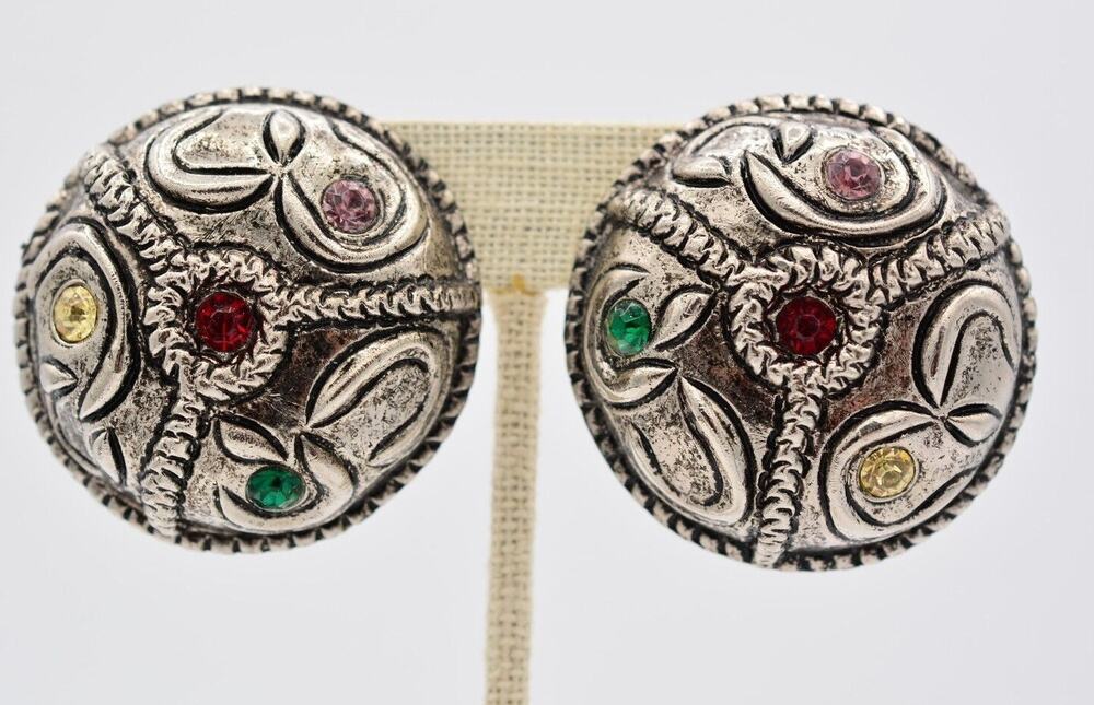 Vintage Chunky Dome Clip On Earrings Crystal Antiqued Round Mod Dep Signed A21